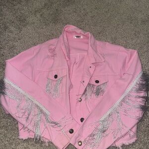 Pink Cropped Jean Jacket with Silver Fring